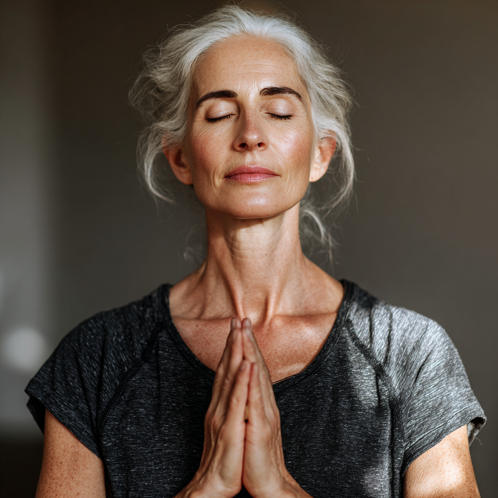 mature woman in peaceful meditation pose practicing mindful breathing