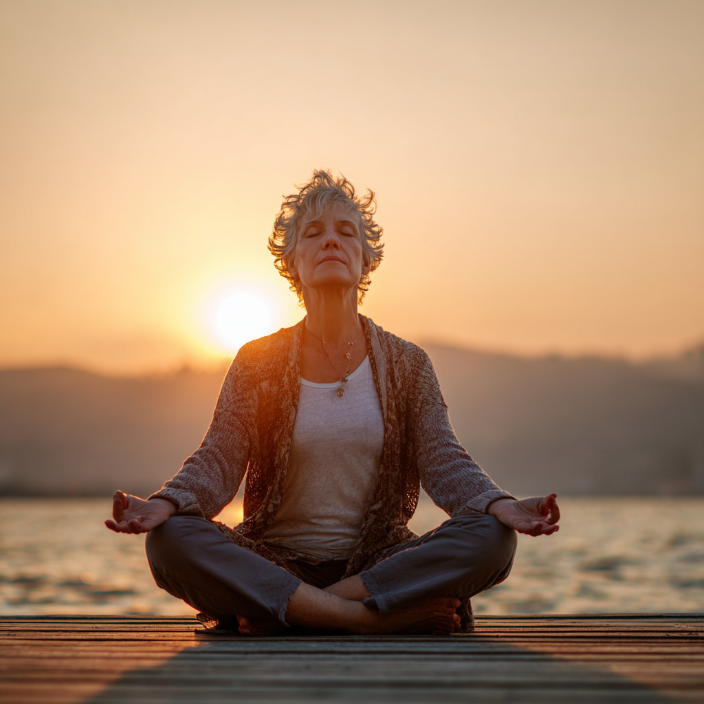 middle-aged person in peaceful yoga pose showing inner balance and mindfulness